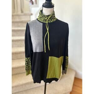 Edinburgh Knitwear Grey Black Lime Green Leopard Turtleneck Long Sleeve Sweater